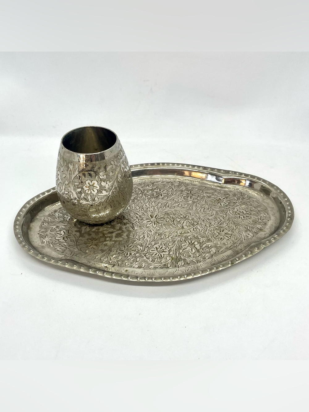 Vintage Silver Plated Brass Tray and Cup Set Hand Engraved Floral India ZY